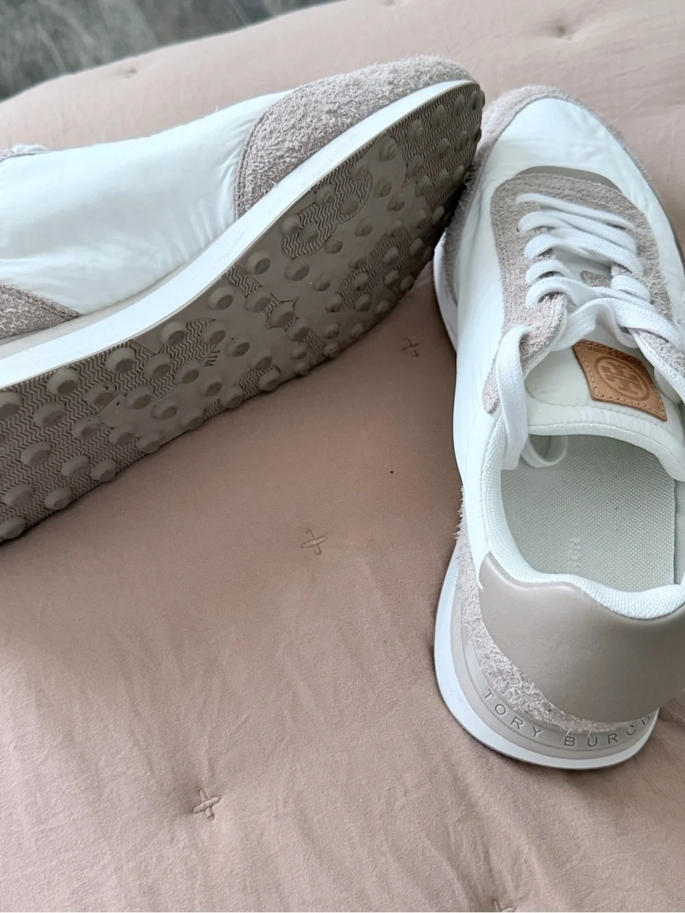 Tory Burch White and Beige Suede-Trim Sneakers